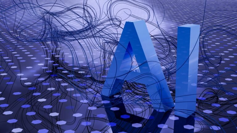 An abstract visualization of a glowing blue digital network representing the top industries benefiting from AI.