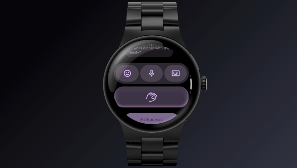 Google Pixel Watch 5 in Matte Black displaying proactive Gemini AI notifications
